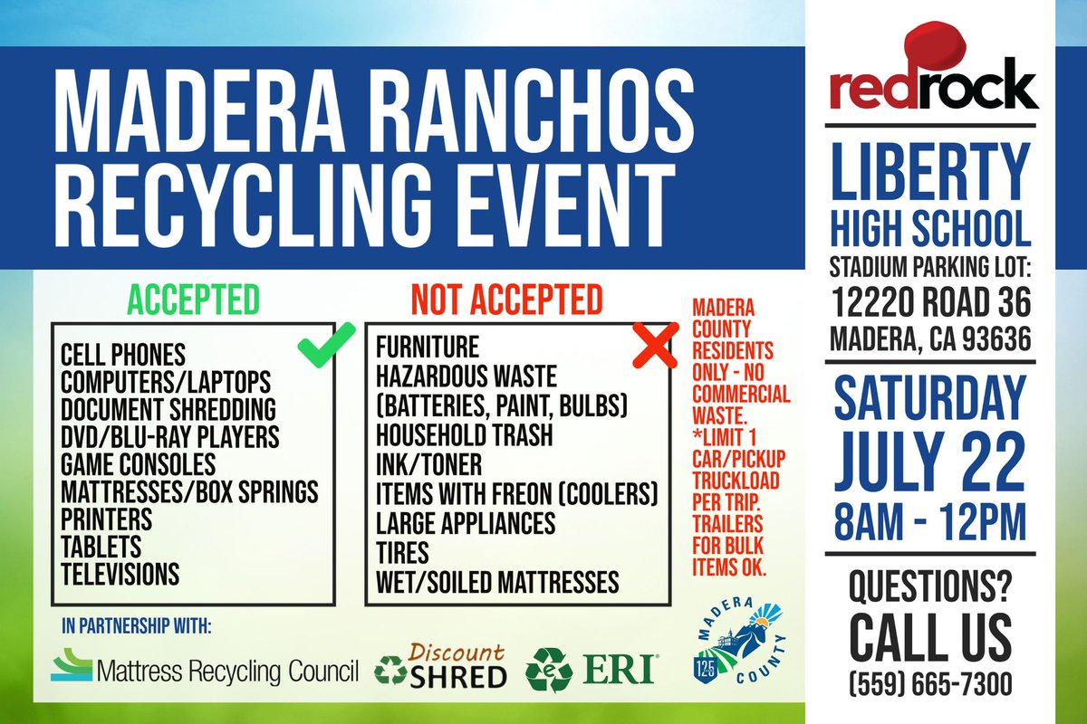 🙌 MADERA COUNTY: Don't miss out on this FREE event this Saturday at Liberty High School! #ewaste #mattressrecycling #shredevent #madera @maderacounty @electronicrecyclersinternational @mattressrecyclingcouncil