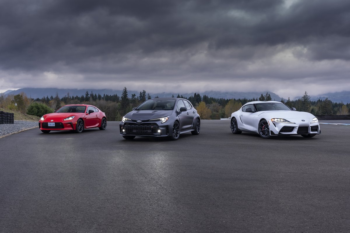 PeaceToyota's tweet photo. Well I think we certainly have an opportunity for a 3 way showdown!  In this pic we have the 3 models in the GR lineup.  GR Supra, GR Corolla Hatch and GR 86.  Which one is your favorite?
.
.
.
. https://t.co/NicsosrY48