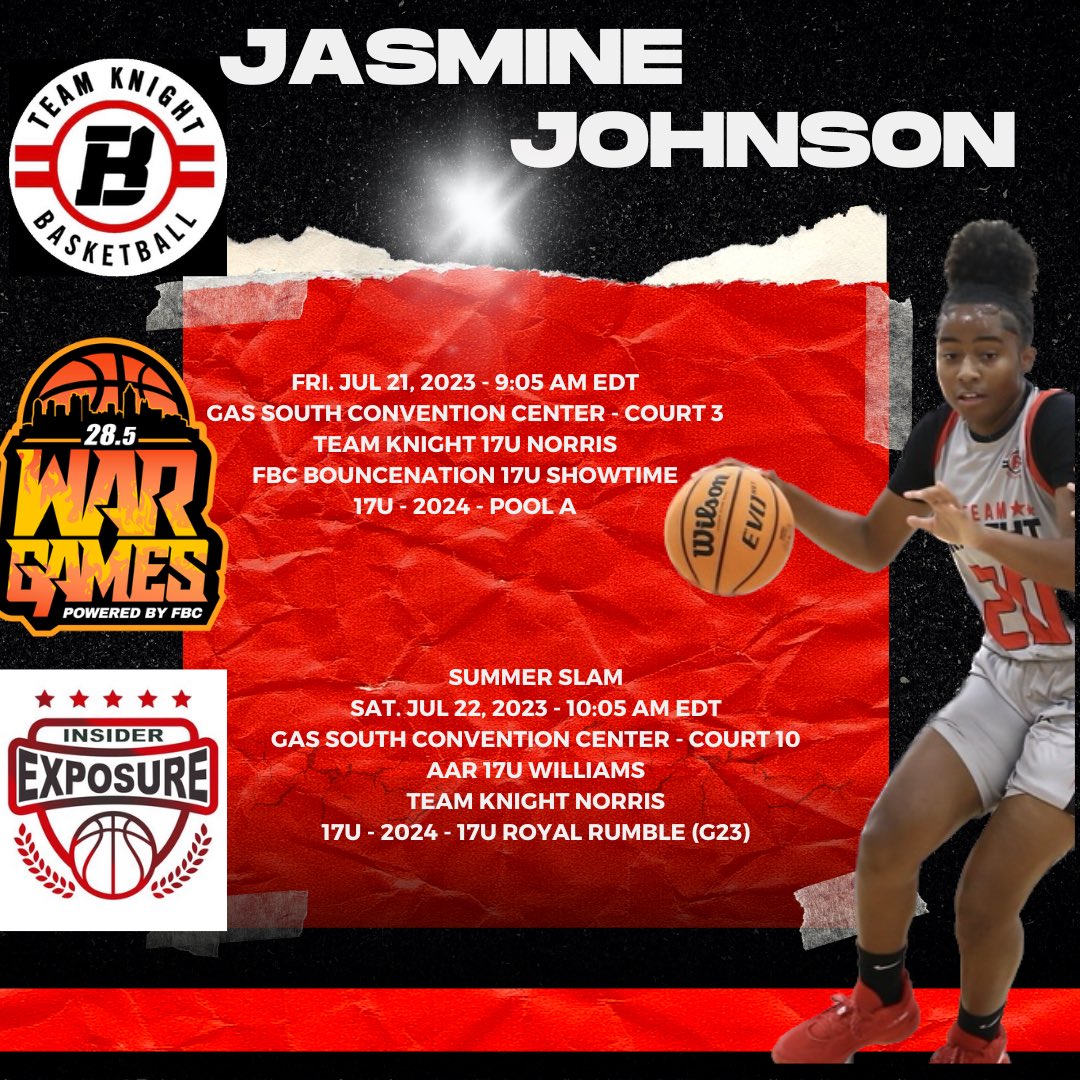 Meet me in ATL! Schedule drop for <a href="/teamknighthoops/">Team Knight Hoops</a> 17U Nationals Georgia Tournaments July 21-24th! Games subject to change, times can be found on the <a href="/InsiderExposure/">InsiderExposure</a> app. Games will be played at Gas South Convention Center in Duluth, GA. 
Lets’s work! ❤️🖤❤️🖤