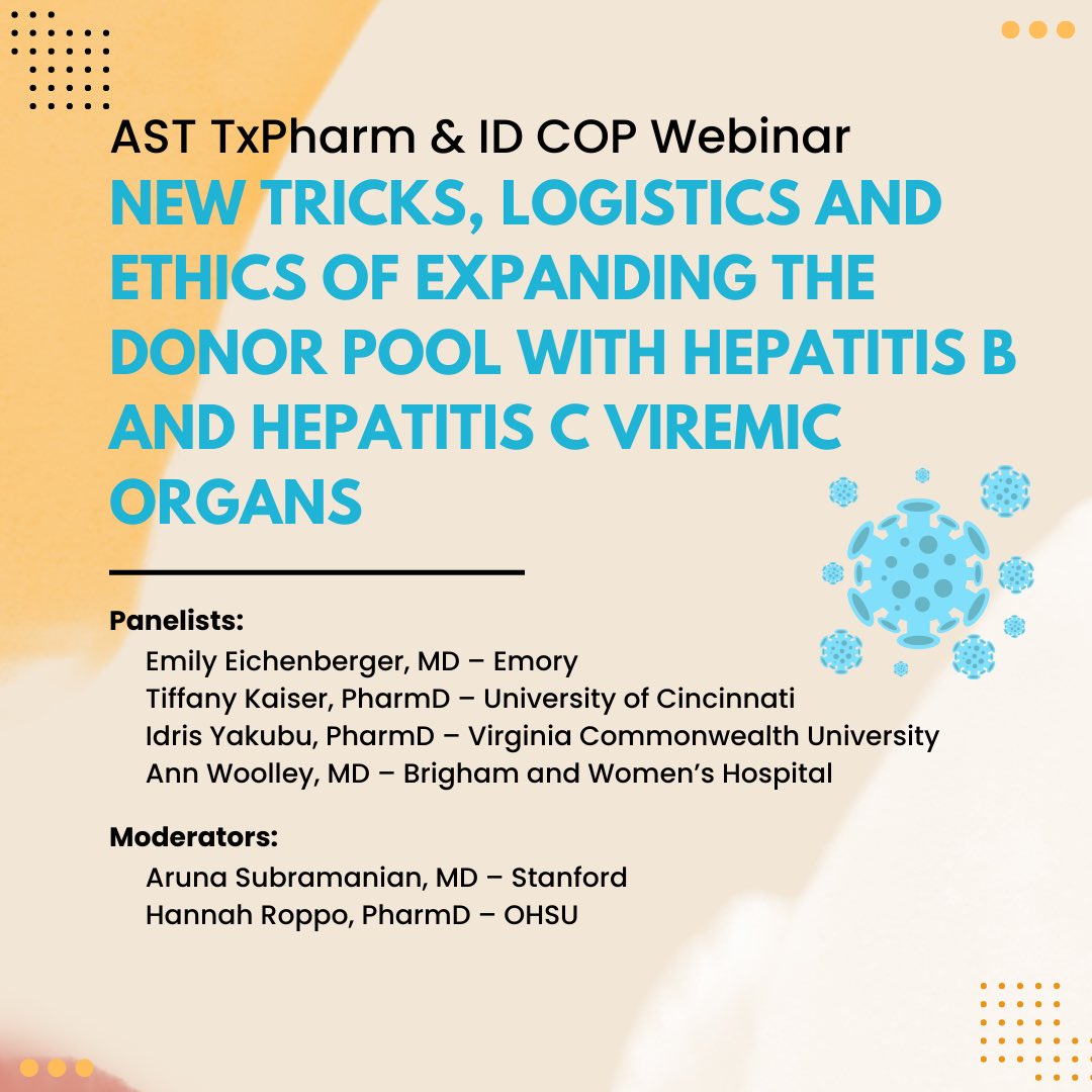 Check out this upcoming webinar on July 26th at 3:00 pm EST reviewing the use of HBV and HCV NAT+ organs in SOT, ethical considerations, and logistics! ⤵️

Registration link sent via COP discussion board: tinyurl.com/mwreb4hs