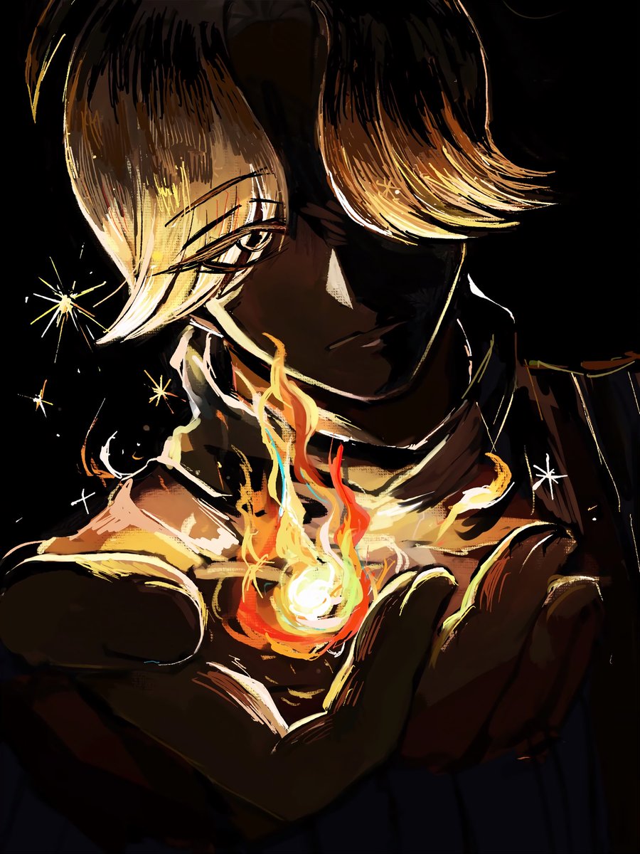 1boy solo male focus fire hair over one eye black background looking at viewer  illustration images