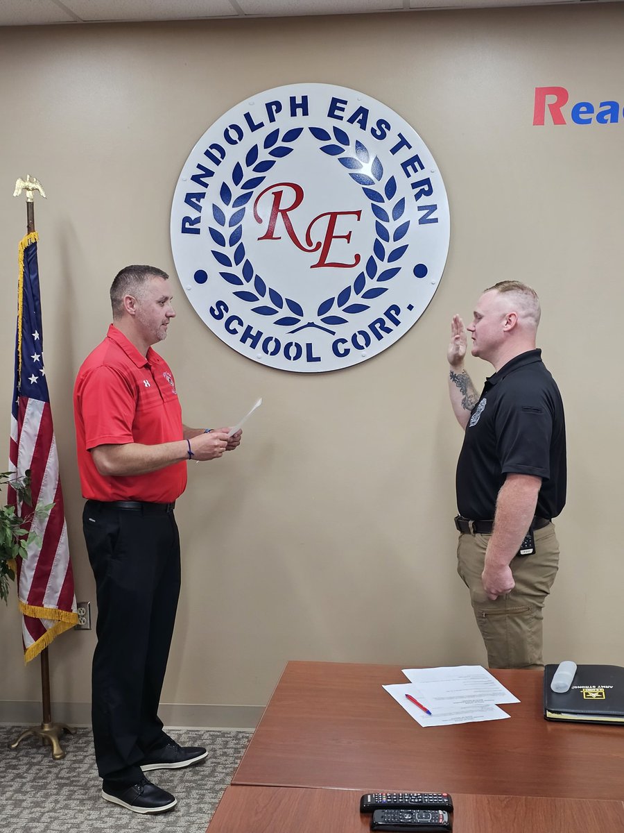 An exciting day for the RESC Police Department. Our department grew by three today as we added three part-time officers to the force. Congrats Ofc. Matt Hodges, Ofc. Jacob Moore, and Ofc. Dakota Ellis. 🔴🔵 #UCPride <a href="/RandolphEastern/">Randolph Eastern Schools</a> <a href="/RESCNorthSide/">North Side</a> <a href="/ucicoach/">Keith Maloy</a> <a href="/UC_Athletics/">UC Indians</a>