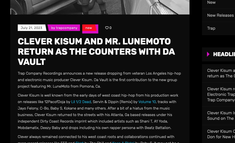 trapcompanyco's tweet photo. Trap Company Recordings announces a new release dropping from veteran  Los Angeles hip-hop and electronic music producer Clever Kisum. Da Vault  is the first contribution to the new group project featuring Mr.  LuneMoto from Pomona, Ca.
https://t.co/gQVXnRkvv9 https://t.co/aNKADTdsDC
