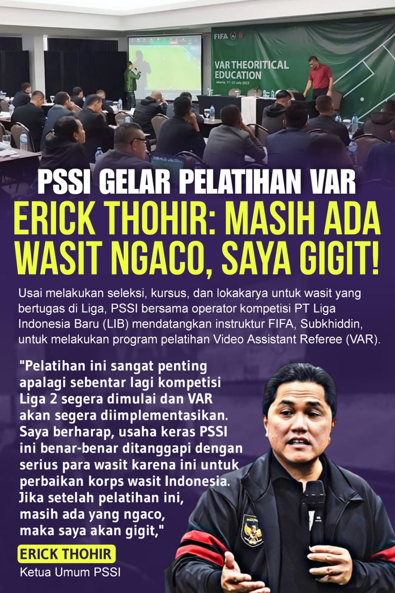 SiBon4r's tweet photo. Demi memastikan pertandingan berjalan lancar, bersih dan fair. Ketum PSSI @erickthohir akan menggelar #PelatihanVar guna Genjot Kualitas Wasit
@KompasTV https://t.co/mjmAKdhcXr