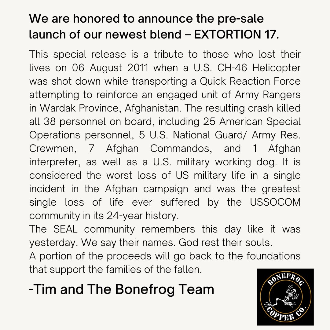 BonefrogCoffee's tweet photo. Join us in commemorating their legacy on August 6th and reserve your bag of Extortion 17 blend today at https://t.co/x4NdAWkwiQ. Let's raise our cups together to remember those brave Americans who gave everything for our freedom.
#Extortion17Blend #BonefrogCoffee #HonorOurFallen https://t.co/NgXjACJWsV