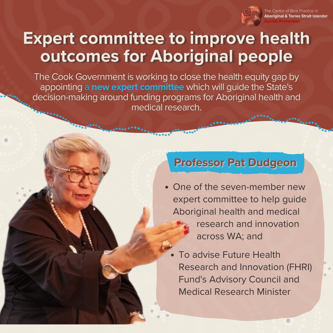Delighted to announce Prof Pat Dudgeon is being appointed as one of the 7-member new expert committee to improve Aboriginal health outcomes. They will guide funding decisions & research, to close the health equity gap. 🔗wa.gov.au/government/med…
#IndigenousHealth…