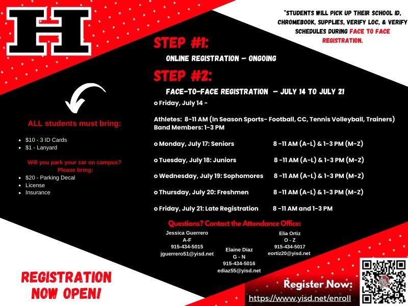 🚨 LATE REGISTRATION - FRIDAY 🚨

Did you miss your registration day?

You MUST stop by campus tomorrow and complete our MANDATORY in-person registration. 

📍: Small Gym 
⌚️: 8-11 am &amp; 1-3 pm
📞: 915.434.5000
💻: yisd.net/enroll
📲: bit.ly/BeAKnight