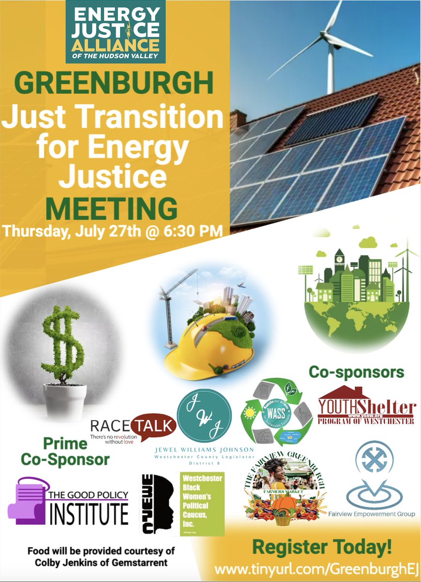 Upcoming Event:  Energy Justice Gathering!✊🏾✊🏽✊🏼

See you in Greenburgh!
THURSDAY, JULY 27th @ 6:30 PM

Theodore D Young Community Center 
2 Manhattan Avenue White Plains, NY 10607
tinyurl.com/GreenburghEner…