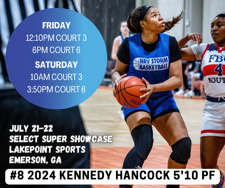 Coaches, be sure to check out <a href="/KennedyHancock6/">Kennedy Hancock</a> this weekend at the <a href="/SelectEventsBB/">Select Events Basketball</a> Super Showcase. Kennedy is an explosive post that can sprint the floor at guard speed. She has added to her back to basket play by really improving her outside game this summer &amp; is one of our