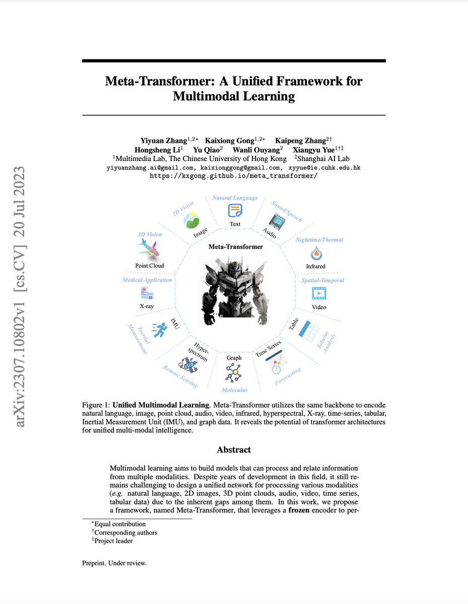 ceobillionaire's tweet image. Meta-Transformer: A Unified Framework for Multimodal Learning
Zhang et al.: arxiv.org/abs/2307.10802
#ArtificialIntelligence #Transformer #MultimodalLearning