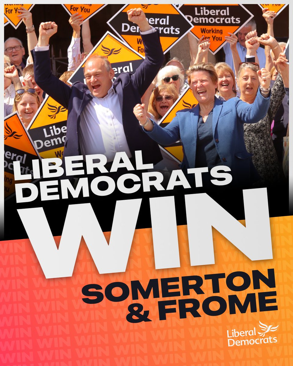 Liberal Democrats (@libdems) on Twitter photo Liberal Democrats WIN Somerton and Frome. ๐ถ
Congratulations <a href="/SarahDykeLD/">Sarah Dyke MP ๐ถ</a>!
Somerset has spoken for the country: The public are sick of this Conservative Government taking people for granted. Liberal Democrats WIN Somerton and Frome. ๐ถ
Congratulations <a href="/SarahDykeLD/">Sarah Dyke MP ๐ถ</a>!
Somerset has spoken for the country: The public are sick of this Conservative Government taking people for granted.