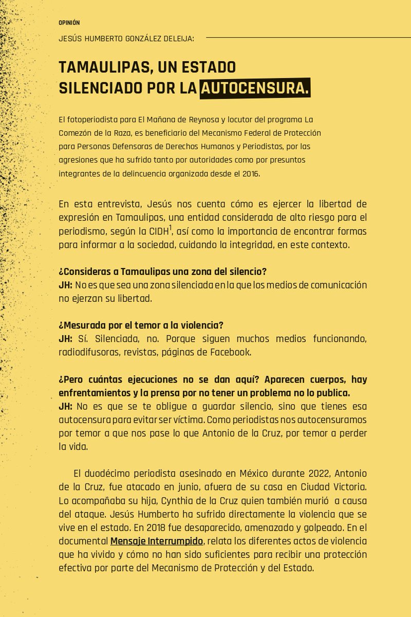 'En #Tamaulipas no es que se te obligue a guardar silencio, sino que tienes esa autocensura para evitar ser víctima. Nos autocensuramos por temor a que nos pase lo que Antonio de la Cruz, periodista asesinado en 2022.' -Jesús Humberto González Lee más⬇️ informaterompeelmiedo.mx/wp-content/upl…