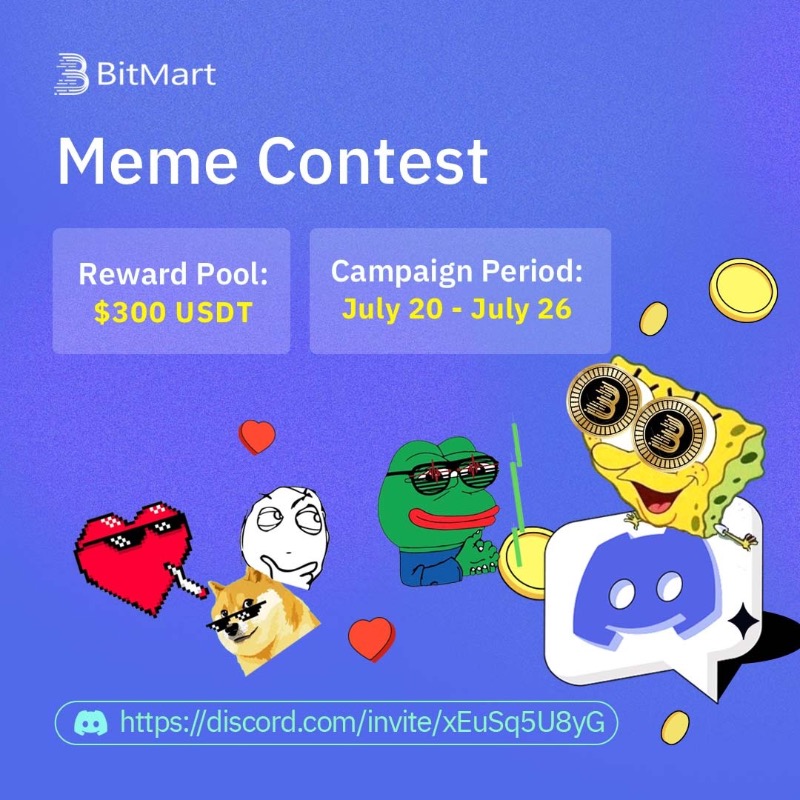 BitMartExchange's tweet photo. Calling all #meme lovers! Join #BitMart's Meme Contest &amp; get the chance to share 300 USDT 🏆

To enter: 
🔸 Join our Discord: https://t.co/7Gvo5bBPCp
🔸 Post your most HILARIOUS meme in the “🤡| memes” channel

Don't miss the fun! 😂

#memes #cryptomemes #giveaway