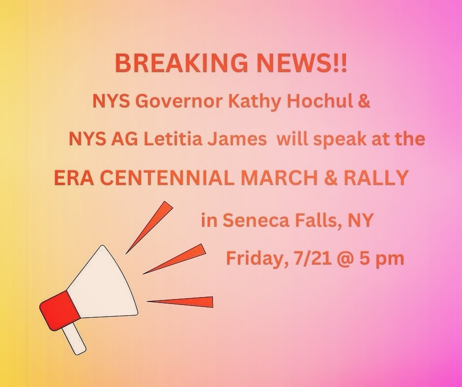 It’s Official!! @GovKathyHochul and Attorney General @TishJames will join us for our ERA CENTENNIAL March & Rally in Seneca Falls, NY tomorrow!  #ERA #WMSenecaFalls #SenecaFallsConvention175 #WMISF
@CNY_NOW #ERA100 🔥🔥🔥🔥🔥