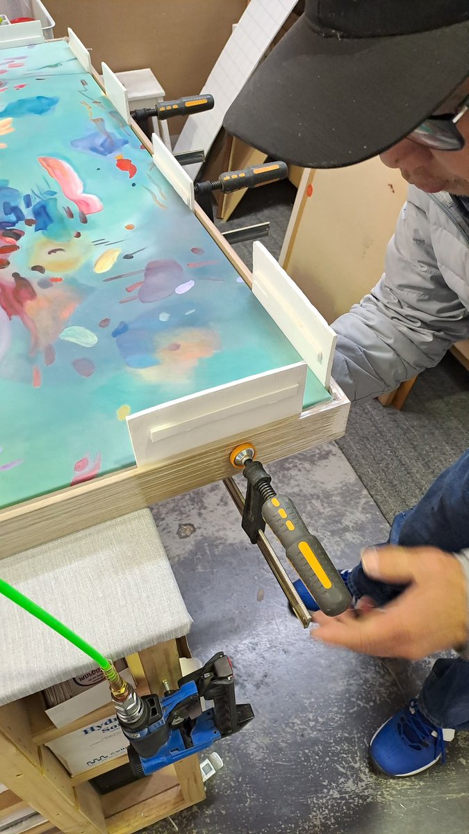 frame_abel's tweet photo. Putting the 'float' in the 'float frame' 🦋

Khanh is clamping these spacers in place to make sure the gaps, or the float, in the frame is to the correct size 📏

#frameabel #customframing #sydney #canvasstretching #canvasprinting #canvasfloatframing 
#floatframe #trade https://t.co/JROEbAEVM5