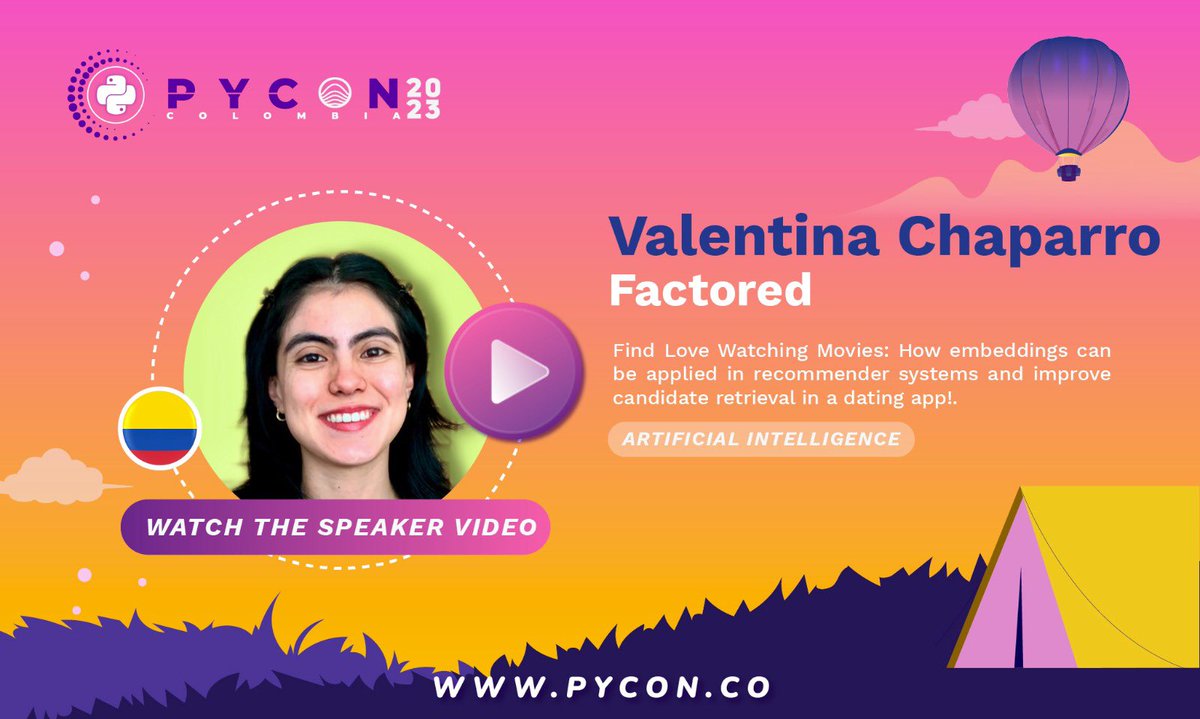 pyconcolombia's tweet image. Watch the video of Valentina Chaparro, she teaches us about &quot;Find Love Watching Movies: How embeddings can be applied in recommender systems and improve candidate retrieval in a dating app!” 

youtu.be/BGjTMK4ch10

#PyconColombia2023 #Presencial #Programming #Colombia #Evento