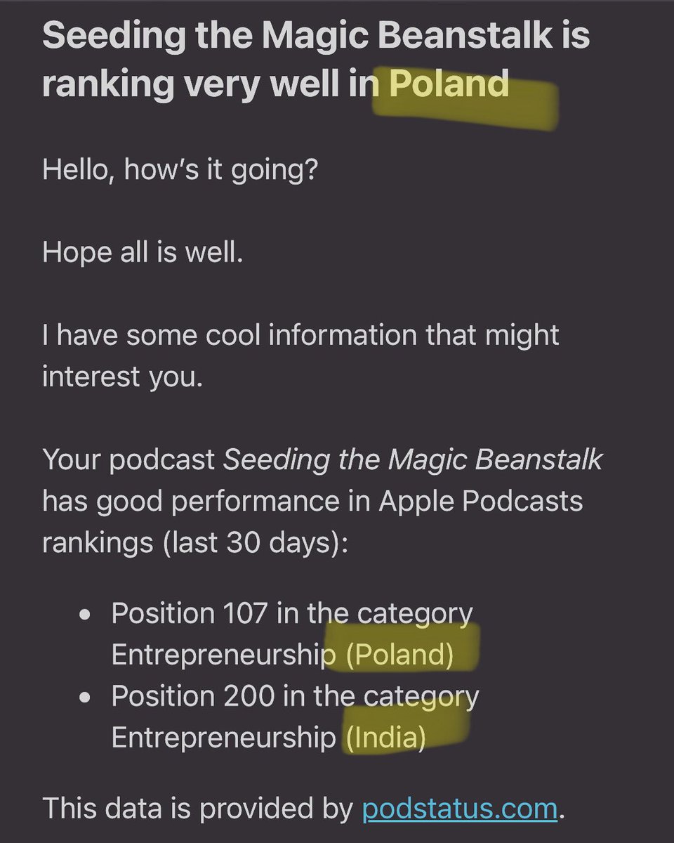 Seeding the Magic beanstalk! I love Poland 🇵🇱 and India 🇮🇳<a href="/ApplePodcasts/">Apple Podcasts</a> <a href="/spotifypodcasts/">Spotify Podcasts 🎙</a> <a href="/podstatus/">Podstatus</a> #podcast #Entrepreneurship #startup #StartupIndia #podcasting #applepodcasts #spotifypodcasts