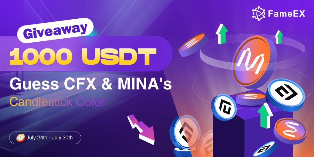 🤑Guess $CFX &amp; $MINA's candlestick color for the last week &amp; share 1000 USDT 📈

✅Follow <a href="/FameEXGlobal/">FameEX Global</a> &amp; <a href="/FameEXzh/">FameEX中文频道</a>
✅RT &amp; Like &amp; Tag 3 friends
✅Fill in: bit.ly/3pOazwd

🎁50 lucky users will win 20 USDT each

#Giveaway #Airdrop <a href="/Conflux_Network/">Conflux Network Official</a> <a href="/MinaProtocol/">Mina Protocol (httpz) 🪶</a>