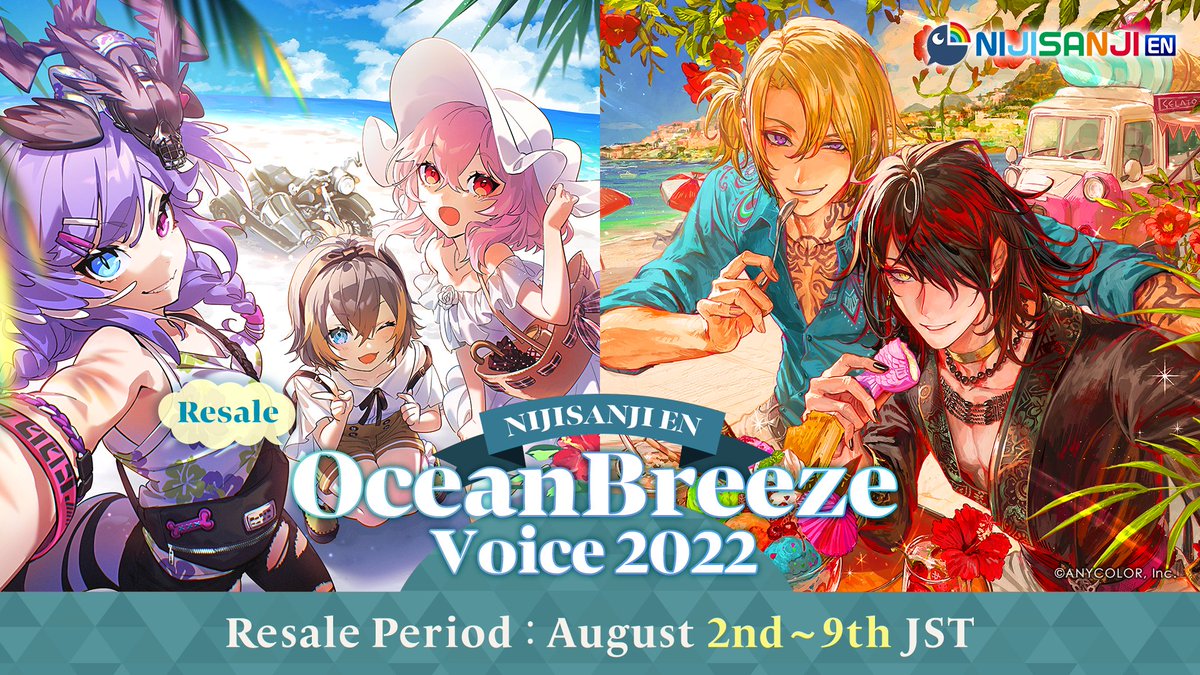 NIJISANJI_World's tweet photo. 【#NIJISANJI_EN Ocean Breeze Voice 2022 resale announcement】

🌊"Ocean Breeze Voice 2022" will soon be available again on the NIJISANJI EN Official Store!⛱️

🕚Sale starts:
Aug 1 (Tue), 19:00 PDT https://t.co/68yjjyBthW