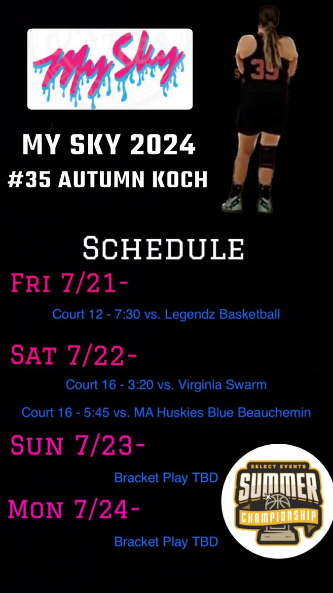 I’m looking forward to playing my last tournament at Spooky Nook this weekend with my team. Below is my schedule for this weekend. I hope you can come watch my teammates and I hit the court together for the last time! <a href="/SelectEventsBB/">Select Events Basketball</a> <a href="/MySkyElite/">CoachD</a>