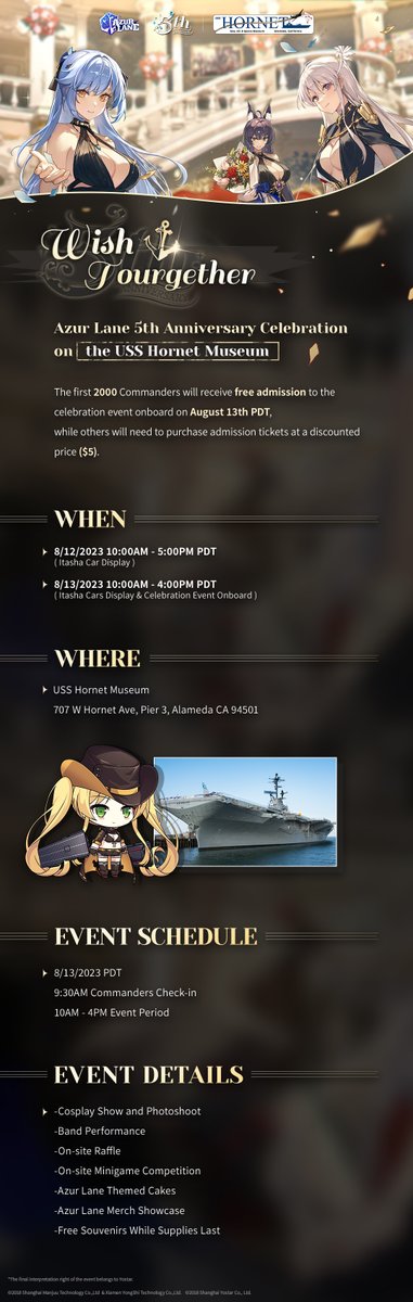 Dear Commander,

We're excited to announce the #AzurLane5thAnniv celebration event in collaboration with the USS Hornet Museum <a href="/CarrierConBA/">Carrier Con ⚓️🌊 Til we meet again!</a>. Dive into the details below and chart your course now.
Let's continue our story, our voyage! Can't wait to see you there!

Retweet to