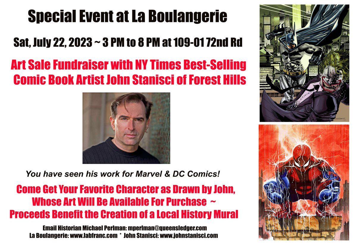 MichaelHPerlman's tweet photo. @CBSNews @CBSNewYork @CBS A family-friendly event on 7/22 from 3 to 8 PM: You're invited to an art sale fundraiser. NY Times best-selling comic book artist, @johnstanisci, known for his work with Marvel &amp; DC Comics, will appear at La Boulangerie at 109-01 72nd Rd.🌞 https://t.co/SJxcAuBaGN