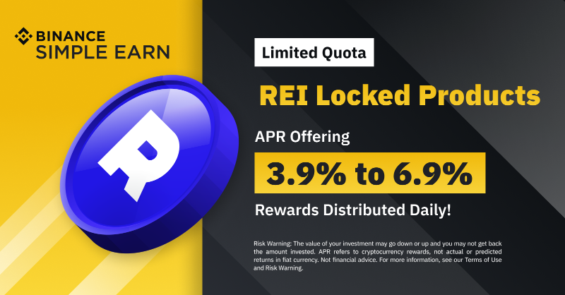 binance's tweet photo. #Binance Simple Earn is launching $REI Locked Products. 

Users can complete subscriptions to $REI Locked Products from 21 July, at 12:00 UTC, to start earning daily rewards.

Find out more 👇