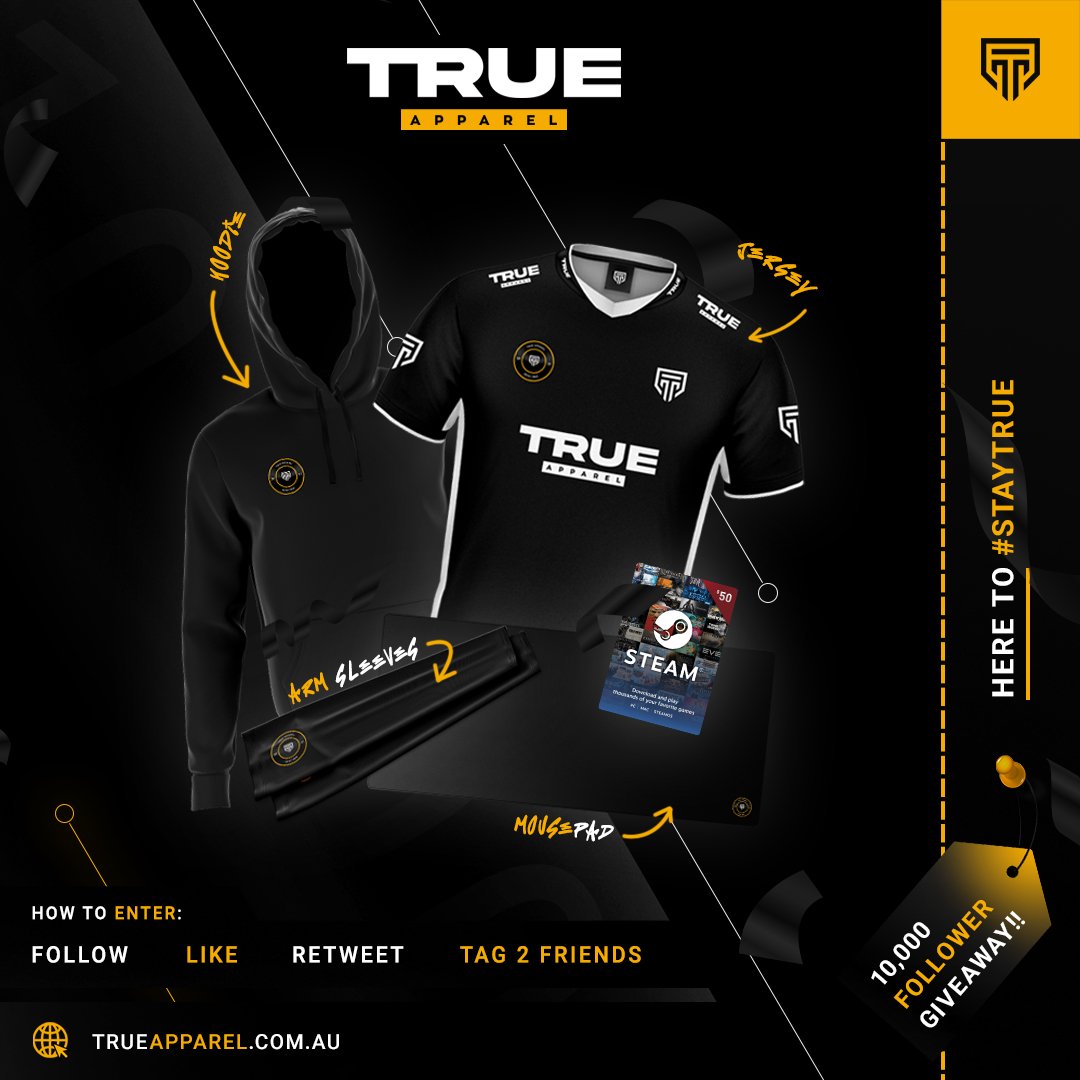 🥳 #10KGIVEAWAY 🥳

To celebrate 10K followers, we're giving away 👇
1x Jersey
1x Pro hoodie
1x sleeve
1x mousepad
1x $50 steam gift card

To enter 👇
🫂Follow <a href="/TrueApparelCo/">True Apparel</a>
💙Like: this post
♻️Retweet: this post
👥️Tag: 2 friends

Good luck to everyone 💥

#StayTrue #giveaway