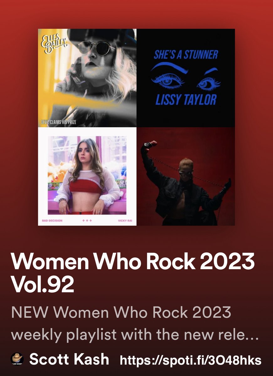 NEW #WomenWhoRock playlist with new releases
<a href="/ExcordeOfficial/">Excorde</a>/<a href="/IAmJimenaArroyo/">Jimena Arroyo</a>
<a href="/IAmArankai/">IAmArankai</a>/<a href="/laurenbabic/">lauren babic</a>
<a href="/AngieKuskeMusic/">Angie Kuske rhymes with husky🎶 🇺🇦</a>
<a href="/lobsterbombband/">LOBSTERBOMB</a>
<a href="/iamsofielynn/">Sofie Lynn</a>
<a href="/tatumscottmusic/">tatum davis</a>
+MORE

#Spotify
spoti.fi/3O48hks

#NewMusic2023 #Pop #Alt #Rock <a href="/BlazedRTs/">Blazed</a> #rtitbot <a href="/rttanks/">EpochBots</a> #SpotifyRT