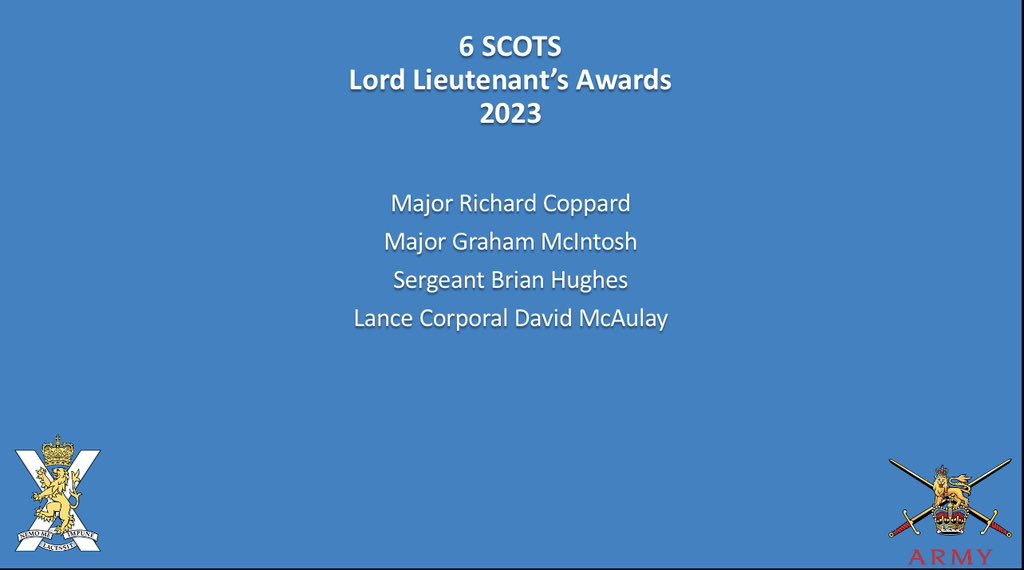 In 6 SCOTS we aim to be the standard for others to follow and, the list of individuals below have been awarded for doing just that. Congratulations to all those that have been presented the Lord Lieutenants award for Meritorious Service for 2023 

#Credible #Capable #Deployable