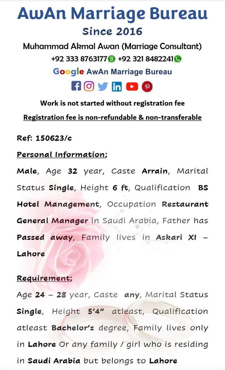 AwAnMarriage's tweet image. #Male #32Year #Arrain
#Single #6feet
#BS #HotelManagement
#GM #Restaurant #SaudiArabia 
#Lahore #Askari11
#AMB #Registered