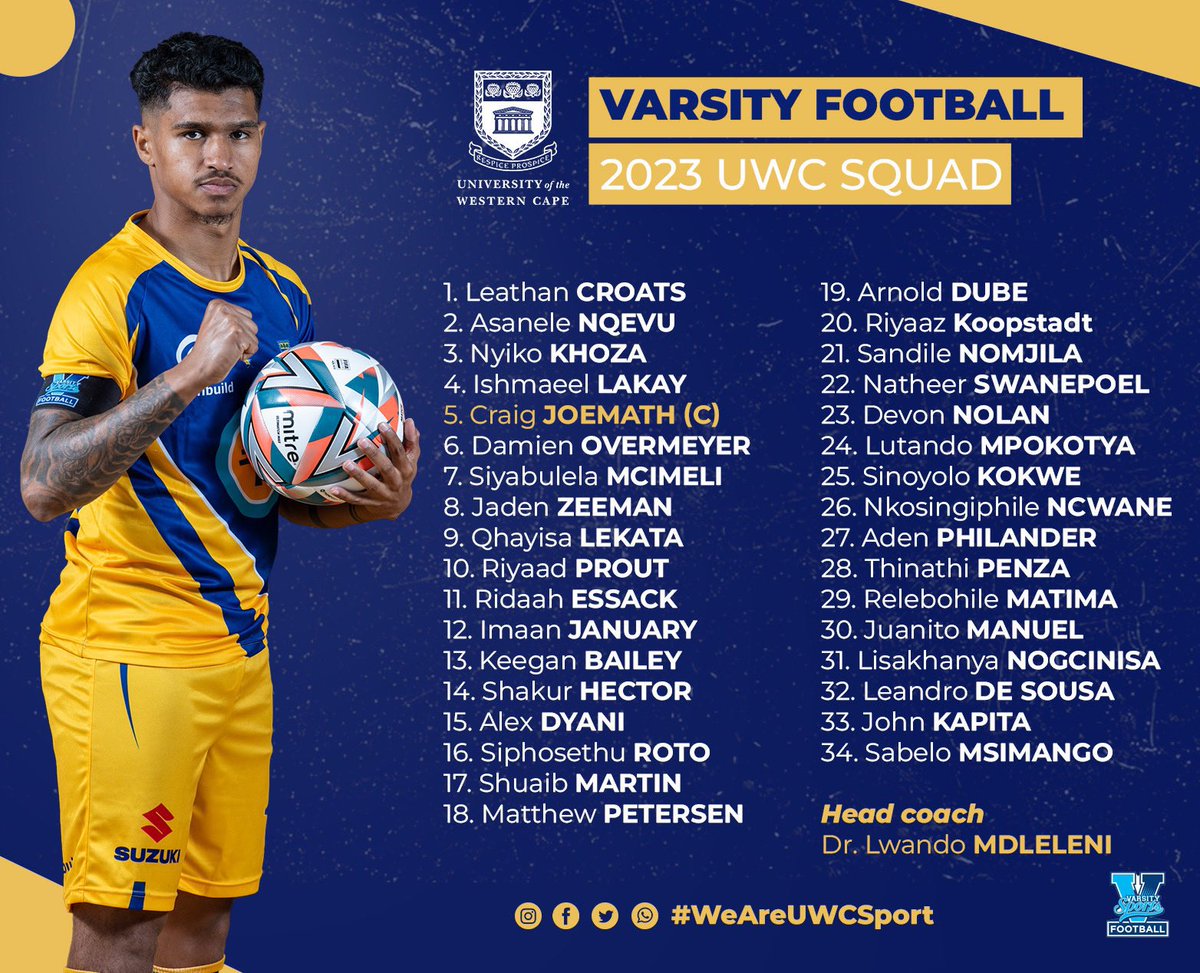 𝗦𝗤𝗨𝗔𝗗 𝗔𝗡𝗡𝗢𝗨𝗡𝗖𝗘𝗠𝗘𝗡𝗧

UWC Football head coach, Dr.<a href="/LwandoMdleleni/">Lwando Mdleleni (Ph.D)</a> has named 34 men to his squad that will battle it out at the upcoming #VarsityFootball campaign set to commence next week.

#WeAreUWCSport