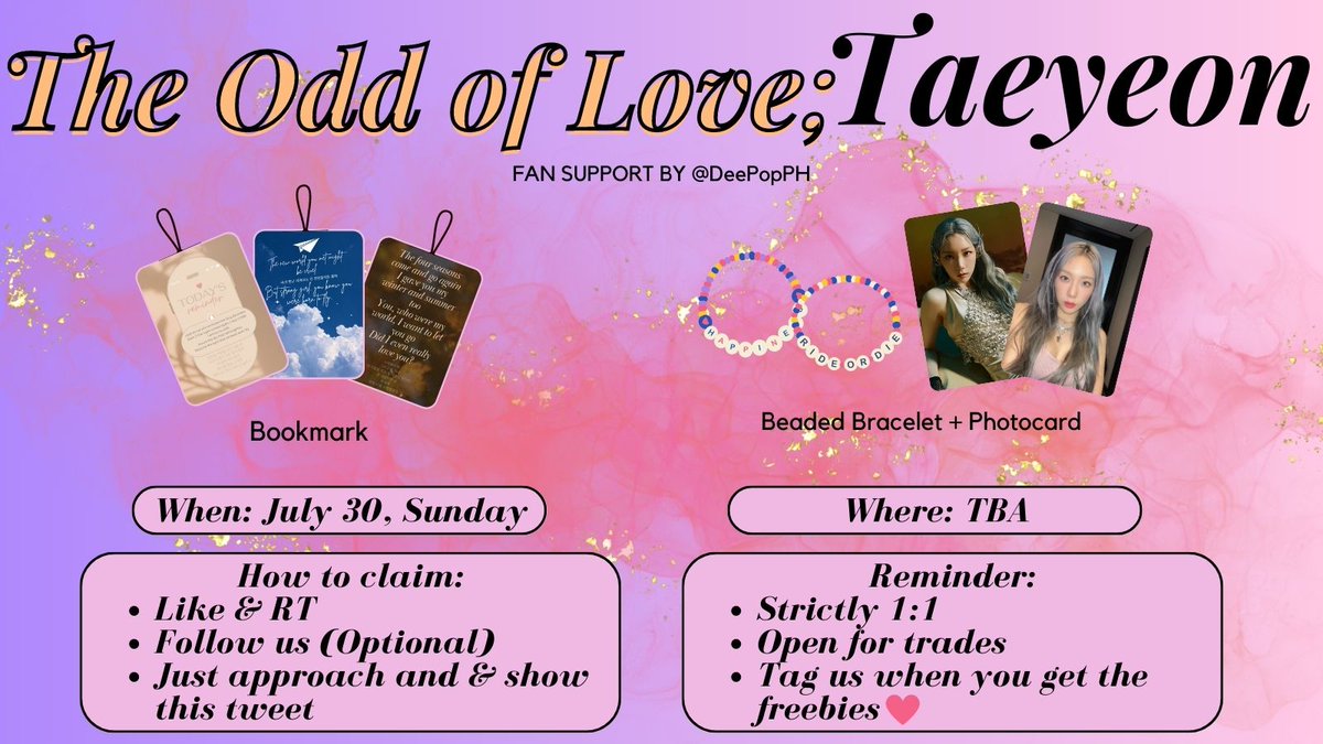DeePopPH's tweet photo. ✨The Odd of Love in Manila
Fan Support by Dee Pop

✨like &amp; retweet 
✨see photo for more details
✨limited quantity only
✨Strictly 1:1

dm for trades !

#TheODDOfLOVE_in_MANILA #TAEYEON #TAEYEONCONCERT_TheODDOfLOVE https://t.co/Iy18rEdYuz