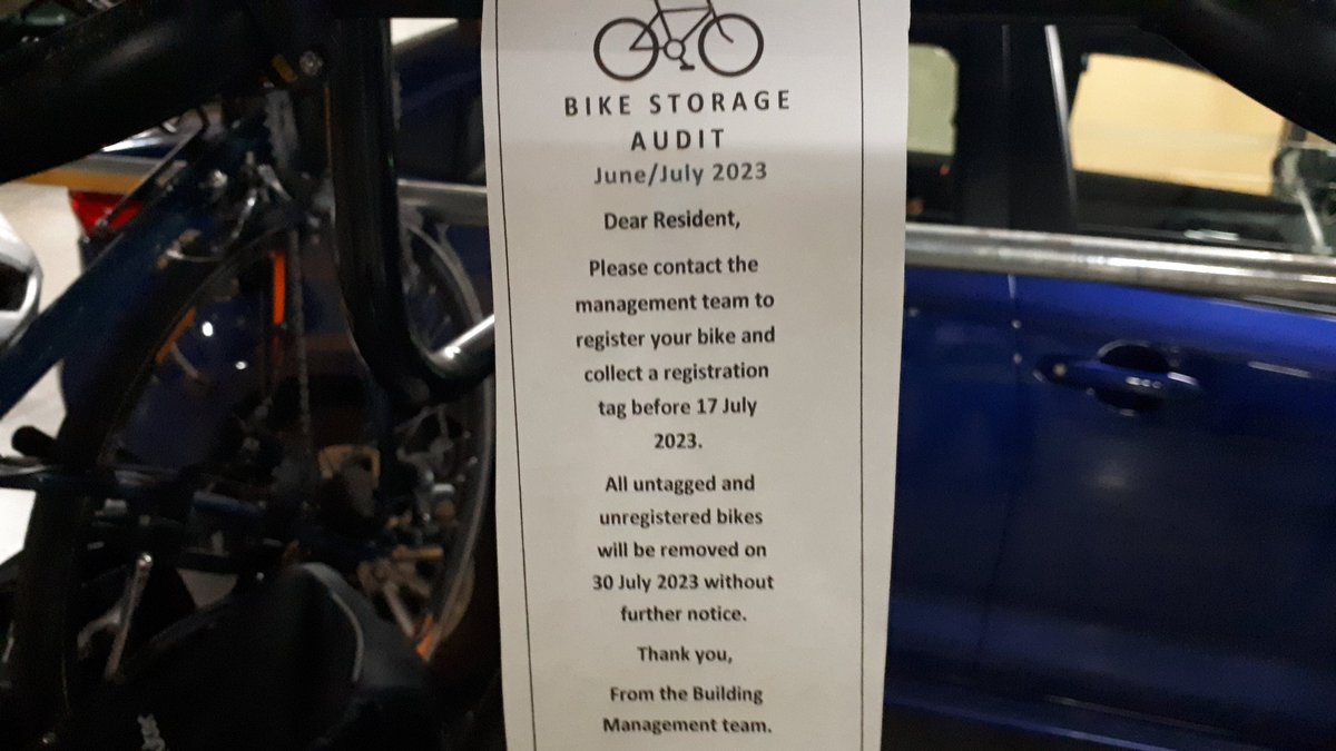 Dave_Trim's tweet photo. I can't tell you how much this depresses me. A little kids bike stored in the correct place in a large apartment building. But it isn't "registered" so it must go. https://t.co/vO9tyRIhIt