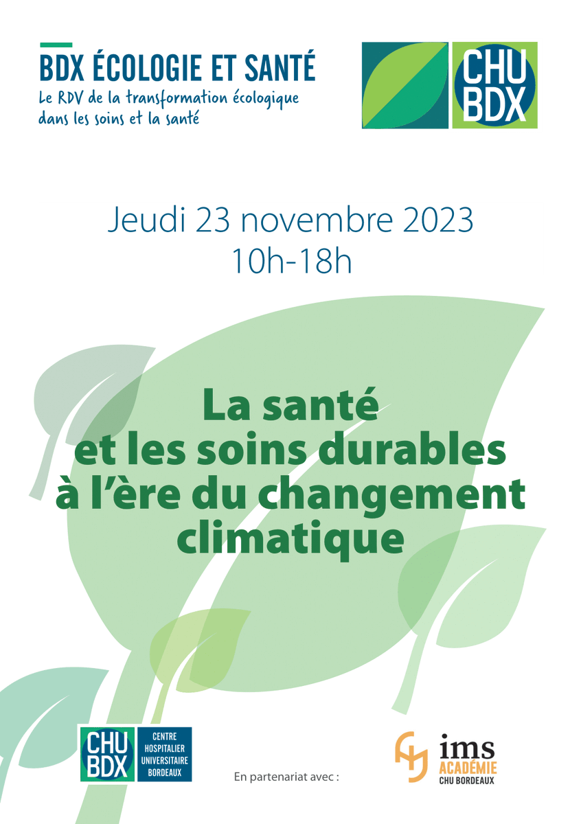 CHUBordeaux's tweet image. [SAVE THE DATE] @IMSCHUBordeaux &amp;amp; @CHUBordeaux vous donne rdv pour découvrir le 1er colloque transformation écologique &amp;amp; santé !

🌿"La santé et les soins durables à l'ère du changement climatique"
📆 23/11/2023
⏲ de 10h à 18h

➡ Programme dispo sur chu-bordeaux.fr/Espace-m%C3%A9…