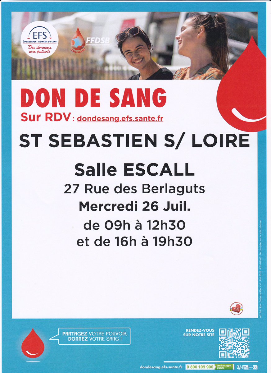 PatJean44's tweet photo. Attention le @EFS_dondesang ne part pas en vacances. Venez nombreuses et nombreux le mercredi 26 juillet salle de l’Escall @stsebsurloire. Nous comptons sur vous. https://t.co/Ehw7GXum94
