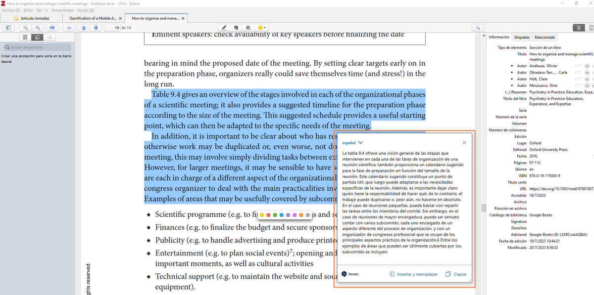No puedo resistirme a compartir que acabo de descubrir que si tienes instalada la aplicación de DeepL (cosa que recomiendo encarecidamente...) <a href="/DeepLcom/">DeepL</a> y usas #Zotero, se puede traducir con la combinación CTRL+F9 sin salir del propio gestor 😍
#cosassencillasqueahorrantiempo