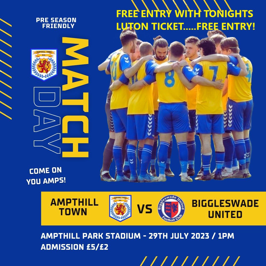 One for the diary…. We host <a href="/Biggleswadeutd/">Biggleswade United</a> on Saturday 29th July, an early 1pm KO.  Free Entry to all that attended our recent <a href="/LutonTown/">Luton Town FC</a> match. (Show ticket at gate).  Just to say thanks. <a href="/UtilitaFootball/">Utilita Football</a> @HayleyArt_ <a href="/Anco_Ltd/">Anco Dog Treats</a> <a href="/ampthillinfo/">Ampthill.Info</a>