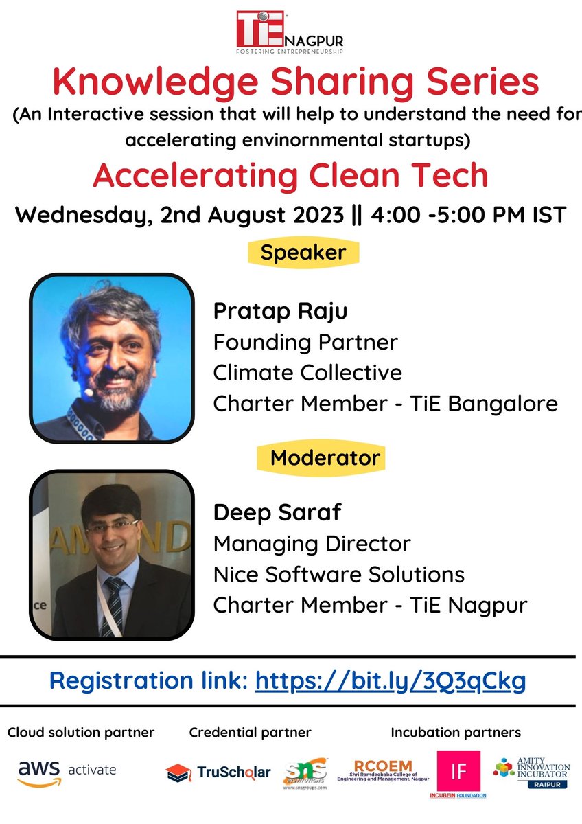 #Interactive session

Join us on
Date: Wednesday, 2ndAugust 2023
Time: 4:00 - 5:00 PM (IST)
Topic: ‘Accelerating Clean Teach’
On Zoom

Registration link : bit.ly/3Q3qCkg