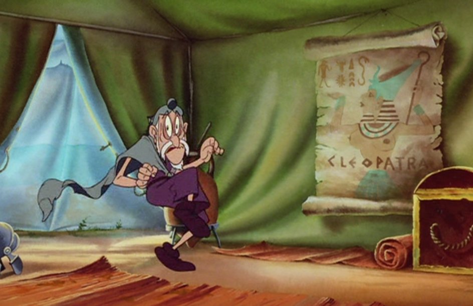Asterix_Archiv's tweet photo. Schon gewusst? Im Film Operation Hinkelstein (FSK 0) gibt es etwa bei Minute 01:09:40 eine Szene, in der ein freizügiges Poster von Kleopatra ein Zelt im Römerlager schmückt. Wie das wohl durch die Freiwillige Selbstkontrolle gekommen ist? #Asterix #frivolerfreitag https://t.co/DFvQy1pYBZ