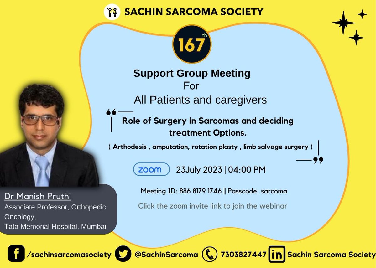 SachinSarcoma's tweet photo. Organising 167 th #sarcoma #supportgroup meeting n educational session on Role of surgery in sarcoma n how doctors decide treatment options of rotation plasty, arthodesis, limb salvage surgery, amputation by Dr Manish Pruthi, Tata Memorial hospital #sarcomaawarenessmonth #cancer https://t.co/YsGgIQUn1K