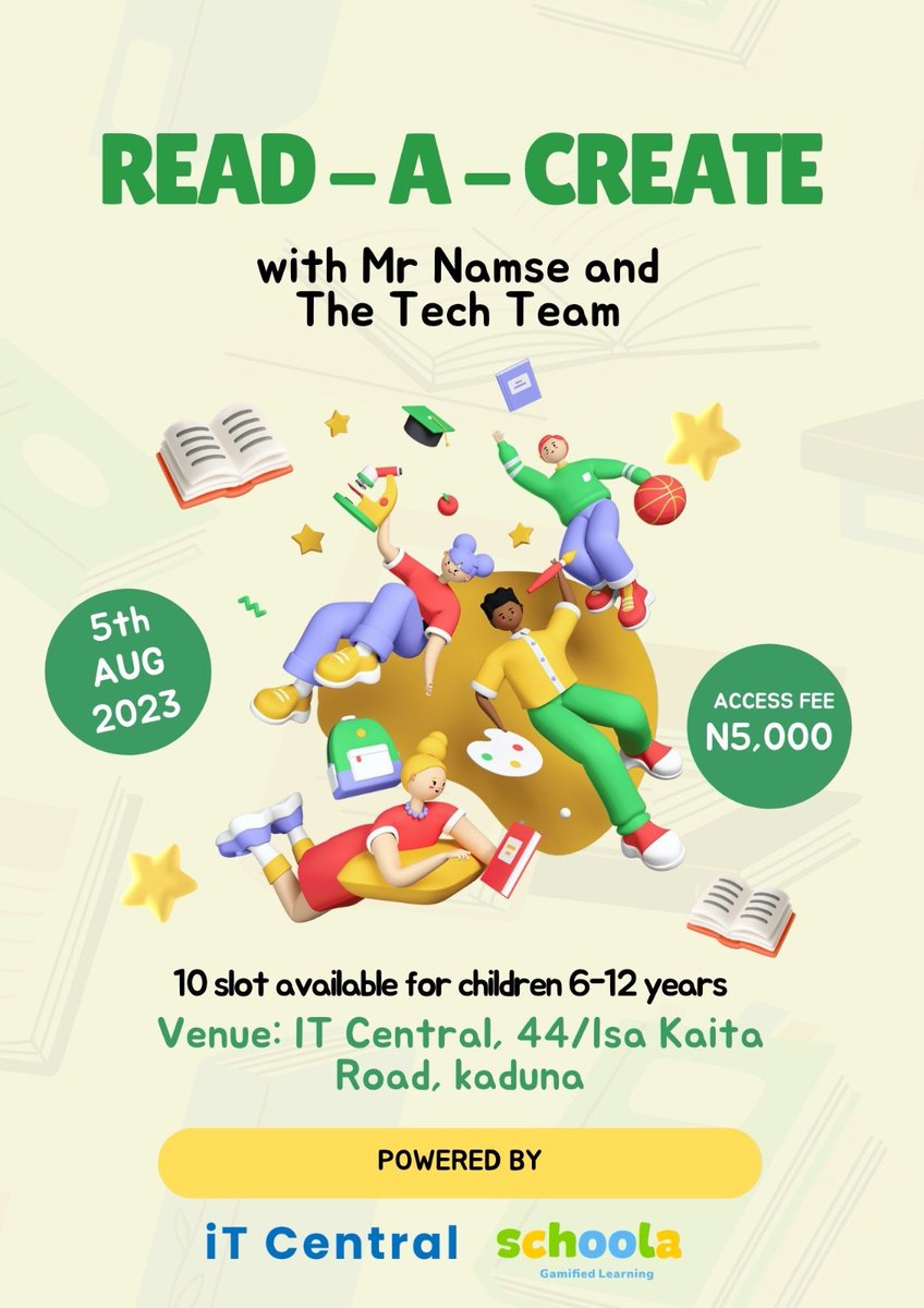 namse's tweet photo. I am doing a thing around tech, innovation and creativity with the guys at @itcentralng
 We want to initiate kids into the endless possibilities of tech. 
There are limited spaces. Register now
https://t.co/GdbzR4MJDh https://t.co/DE5Jcx8Zz4