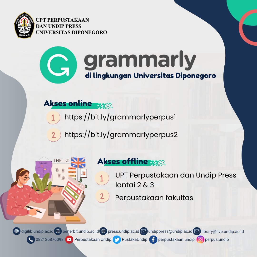 perpus_undip's tweet photo. Layanan grammarly di lingkungan Universitas Diponegoro
Kami menyediakan layanan grammarly untuk memeriksa penulisan karya ilmiah dalam bahasa inggris. Fitur yang dapat dimanfaatkan:
- memeriksa struktur penulisan
- ejaan
- parafrase
- hubungan antar kalimat, dll.
@undip #perpus https://t.co/4t7CTPQiwN