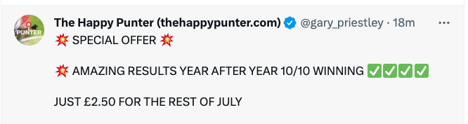 Tip_Advisor1's tweet photo. Wow! Every day now. Grifter @gary_priestley begging for subscribers.
The guy is a liar, fraud and bullsh!tter.
But hold your nerve..... he'll be selling the subs for £1 in the last week of July.
#NeverWorked #Grifter #Lazy #NoProfitAndLoss https://t.co/G5F247kAaA