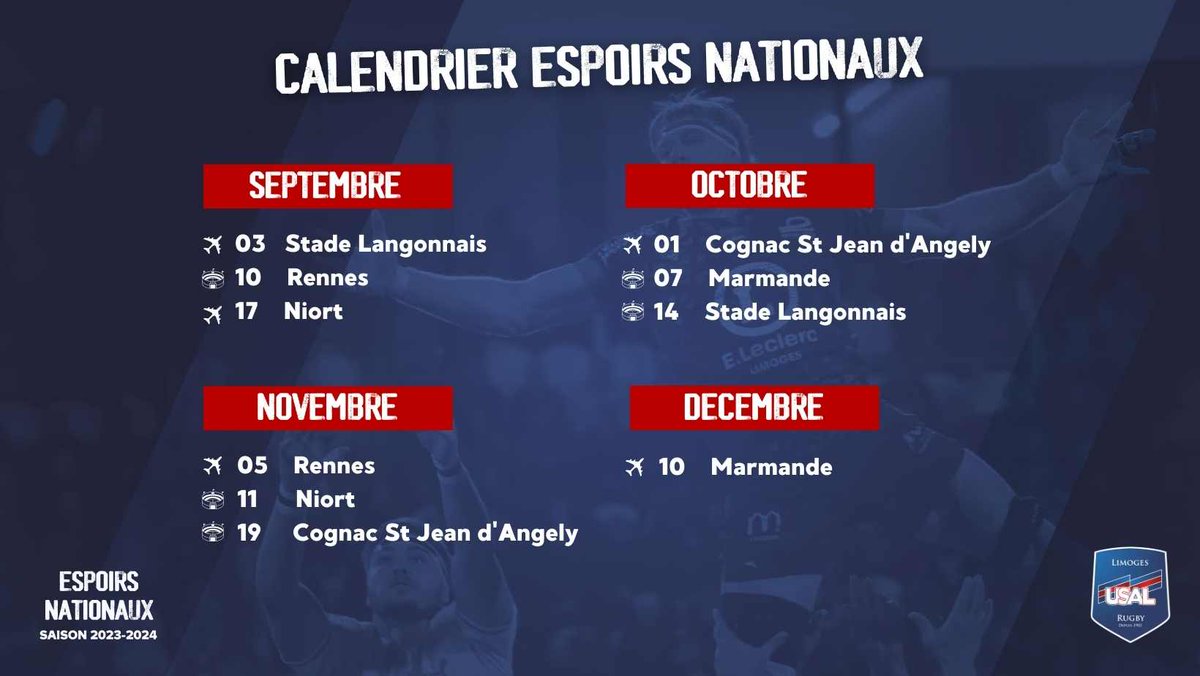 📢 Découvrez le calendrier des matchs de nos espoirs nationaux pour la saison 2023/2024 😍
Nos espoirs débuteront par un déplacement au Stade Langonnais Rugby  🏉
Découvrez les horaires des rencontres sur le site de l'USAL (lien dans la bio)
#championnat #calendrier #espoirs