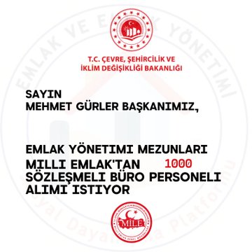 Sayın başkanımız Mehmet Gürler
<a href="/mgurler7/">MEHMET GÜRLER</a>, 
Emlak Yönetimi mezunları Milli Emlak'tan 1️⃣0️⃣0️⃣0️⃣ sözleşmeli büro personeli alımı istiyor. 
<a href="/csbgovtr/">T.C. Çevre, Şehircilik ve İklim Dğş. Bakanlığı</a>
#EmlakYönetimi 
#emlakveemlakyönetimi