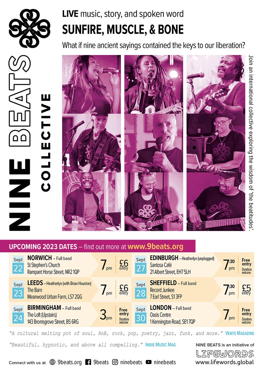 SUNFIRE, MUSCLE &amp; BONE - Join NINE BEATS on tour this September for live music, story telling and spoken word exploring the ancient wisdom of the beatitudes.