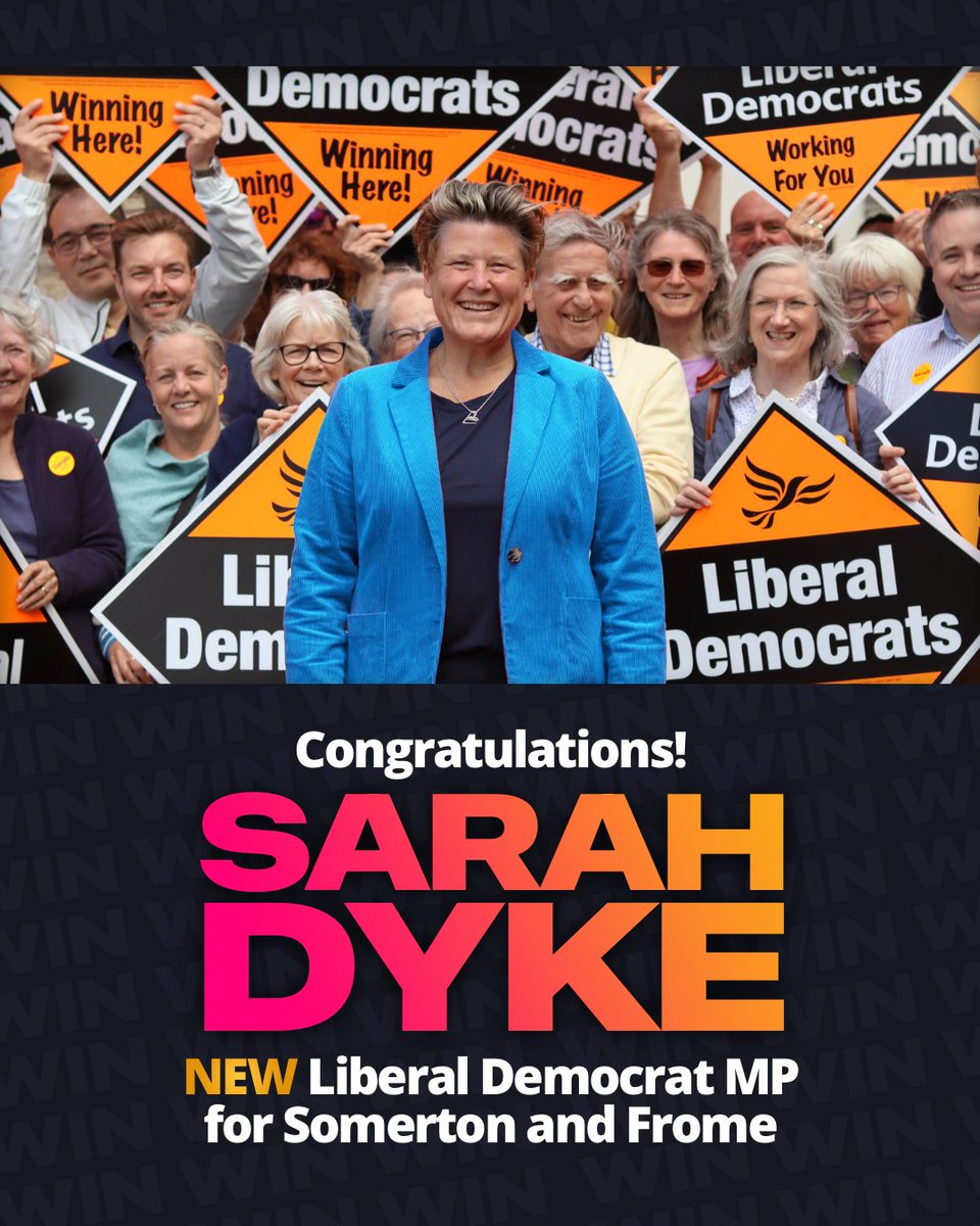 A huge congratulations and warm welcome to our 15th and newest MP, <a href="/SarahDykeLD/">Sarah Dyke MP 🔶</a>.

We know you’ll be a fantastic champion for Somerton and Frome.