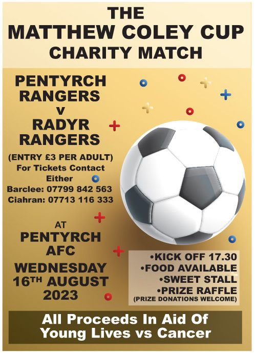 As part of our pre-season campaign we take on <a href="/PentyrchS/">Pentyrch Rangers AFC⚫️⚪️</a> in the annual Matthew Coley Cup - all proceeds from the event go to Young Lives Vs Cancer - so please head on down to support. <a href="/RandMCCouncil/">Radyr & Morganstown Community Council</a> <a href="/RMHub/">Radyr & Morganstown Hub</a> <a href="/SouthWalesFA/">South Wales FA</a> <a href="/NoelMooney13/">Noel Mooney</a>
