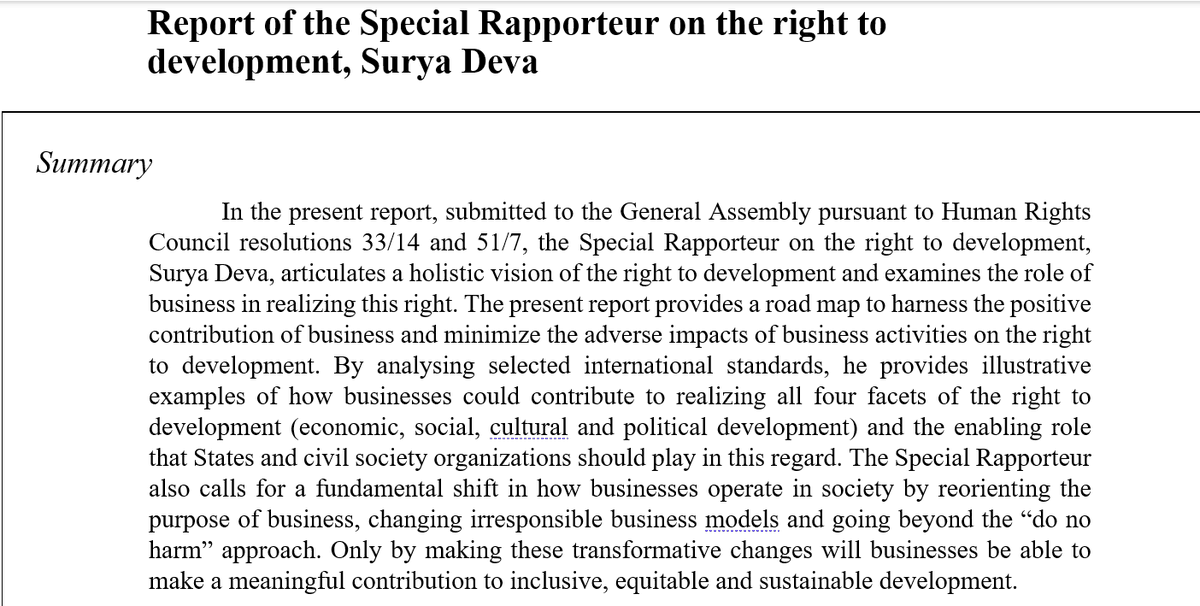 A sneak peek of my report on 'role of business in realizing the right to development'. The report, which builds on the work of many BHR scholars & CSOs, will be out in coming weeks #R2D #bizhumanrights #SDGs #HRDD #BusinessModels #BeyondDoNoHarms #TaxEvasion #BusinessPurpose